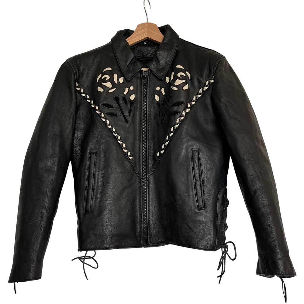 Leather Jacket with Cutout Flower Details